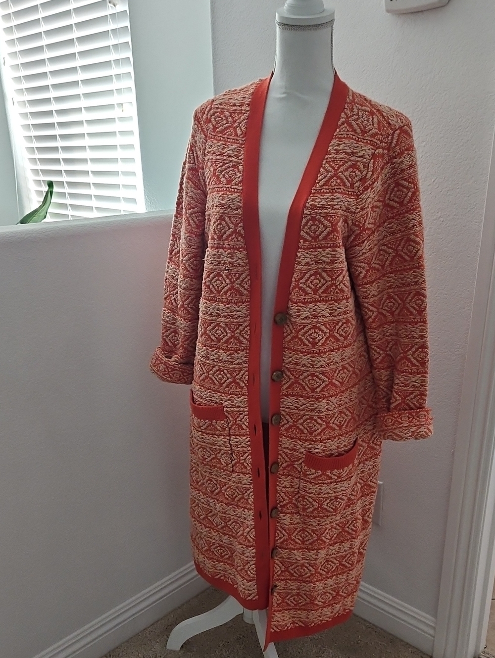 ANTHROPOLOGIE Moth Long Knit Cardigan Sweater in Orange/cream
